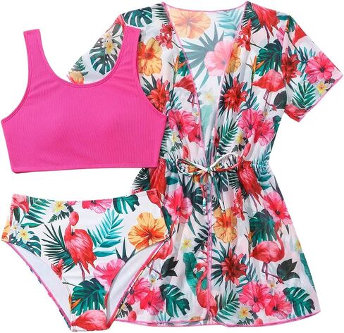 Milumia Girl's 3 Piece Swimsuits Tropical Print Tank Top Bathing Suits with Kimono Coverup in Saudi Arabia