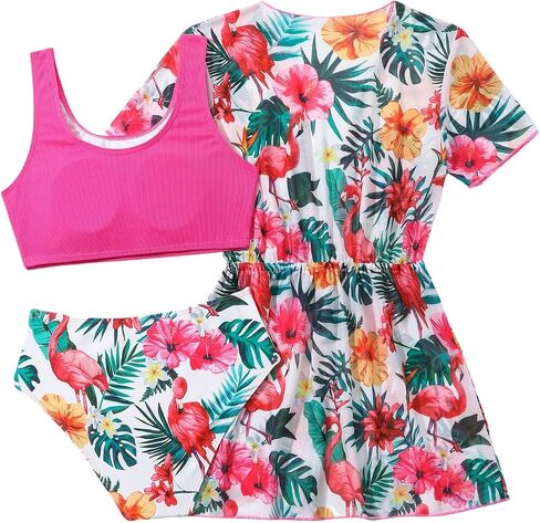 Milumia Girl's 3 Piece Swimsuits Tropical Print Tank Top Bathing Suits with Kimono Coverup in Saudi Arabia