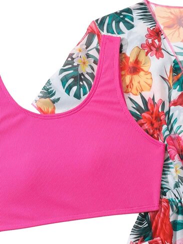 Milumia Girl's 3 Piece Swimsuits Tropical Print Tank Top Bathing Suits with Kimono Coverup in Saudi Arabia