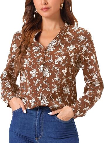 Allegra K Women's Chiffon Floral Tops V Neck Long Sleeve Button-Up Blouse Shirt in Saudi Arabia