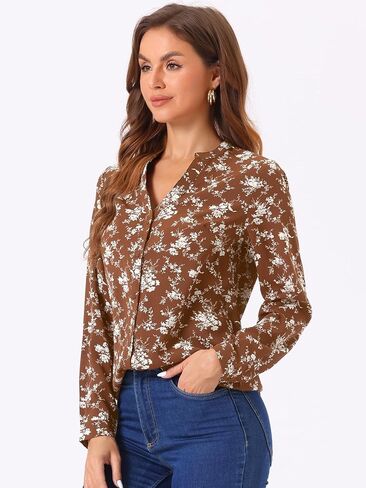Allegra K Women's Chiffon Floral Tops V Neck Long Sleeve Button-Up Blouse Shirt in Saudi Arabia