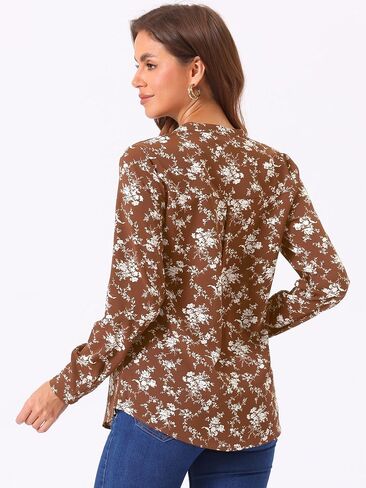 Allegra K Women's Chiffon Floral Tops V Neck Long Sleeve Button-Up Blouse Shirt in Saudi Arabia