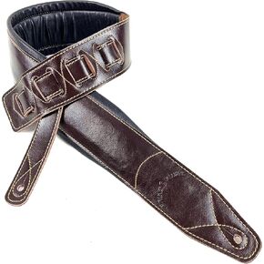 Walker & Williams C-22-BRN Dark Brown Handmade Signature Premium Thick Grain Leather Padded Guitar Strap 3" Wide For Acoustic, Electric, And Bass Guitars