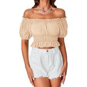 LYANER Women's Off Shoulder Short Sleeve Pleated Ruffle Trim Crop Top Blouse Shirt