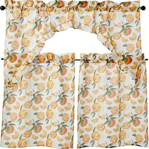 Violet Linen European Fruits Flowers Pattern, Polyester Woven Printed Fabric, Botanical Flowers Berries Strawberries, 1-of 60" x 18", 2-of 30" x 36" Decorative Kitchen Curtain Tiers and Swag Valance
