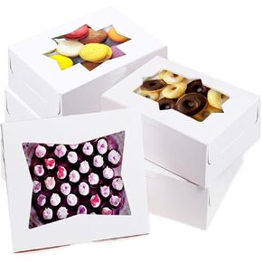 60 قطعة من صناديق المخبوزات البيضاء مع نافذة مقاس 8 × 6 × 2.5 بوصة علب بسكويت المعجنات مع 3 نوافذ أنيقة للشوكولاتة والفراولة والحلوى والكعك والدونات in Kuwait