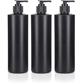 JUVITUS 16 oz Black Refillable Plastic (BPA Free) Squeeze Bottle with Black Lotion Pump Dispenser - (3 Pack)