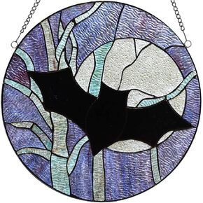 Bieye W10061 Bat Moon and Tree Tiffany Style Stained Glass Window Panel with Chain, Halloween Decor, Round Shape, 16-inch Wide.