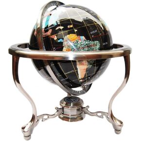 14" BLACK ONYX GEMSTONE GLOBE with Silver Stand