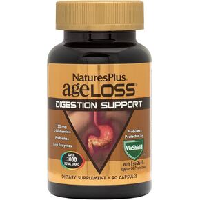 Natures Plus AgeLoss Digestion Support - 90 Capsules - Prebiotics, Live Enzymes & 150 mg L-Glutamine - Gluten Free - 30 Servings