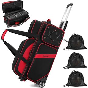 3 Ball Bowling Bags with Wheels, Bowling Ball Bag with Secure Velcro Fixed Ball Cup & Shoe Compartment (Fits Up to Size 16),Bowling Ball Bag 3 Ball Roller with Multi-Pockets (Red)