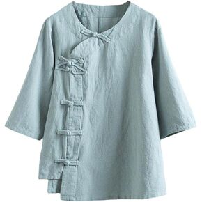 Kedera Women's Loose Cotton Linen Blouse Round Neck with Chinese Frog Button Tops