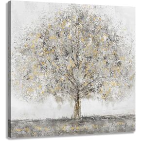 Abstract Tree Pictures Wall Art Gray Modern Artwork with Gold Decor Painting Prints on Canvas for Bathroom Bedroom Walls Decoration 12x12