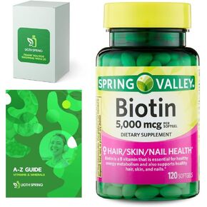 Spring Valley Biotin Dietary Supplement, 5000 mcg, 120 Softgels Total + “Vitamins & Minerals - A to Z - Better Ligth&Spring Guide" (1 Pack 120 Count)