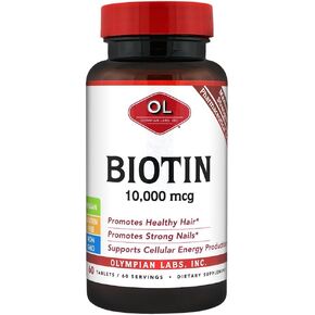Olympian Labs Max Strength Biotin Vitamin B7 Supplement, 10,000mcg Tablets, Improve Hair, Skin & Nail Growth, 60 Vegan Tablets