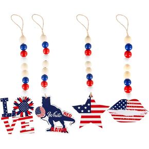 4 Pieces 4th of July Wood Bead Garland with Tassels USA Independence Day Patriotic Wood Bead Hanging Ornaments American Flag Star Decorations Red Blue White Hanging Beads for Wall Home Decor