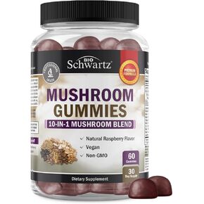 Mushroom Gummies for Adults - 10-in-1 Functional Mushroom Supplement for Mood and Focus with Lions Mane Turkey Tail Cordyceps Shiitake Reishi Mushrooms - Vegan, Non-GMO, Raspberry Flavor, 60 Count