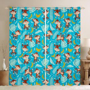 Cartoon Monkeys Print Curtain for Bedroom Children 3D Kawaii Animals Blue Darkening Window Dreapes Botanical Branches Blackout Curtains(30%-50% ) Decor Window Treatments (2 Panels, 38 x 54 Inch)