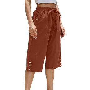 Women Capri Pants Summer Loose Wide Leg Drawstring Elastic Waist Yoga Lounge Cropped Pants with Pockets
