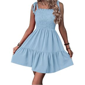Milumia Women's Tie Shoulder Smocked Shirred Ruffle Hem Sleeveless A Line Swing Short Dress