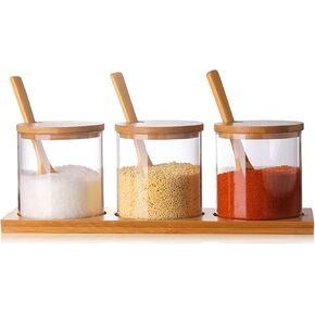 3 PCS Stylish Simple Condiment Canisters Pots Set, Decorative Storage Seasoning Glass Container Box with Bamboo Spoon Lid and Base for Home Kitchen café Storing Salt Sugar Pepper Spice