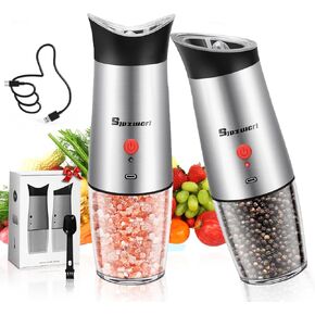 【Upgraded 200ml Larger Capacity】 Electric Salt and Pepper Grinder Set, 8 Adjustable Coarseness Levels, Automatic Spice Mill with Light, Stainless Steel Rechargeable Shakers One Handed Operation