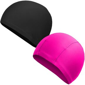 2 Pcs Unisex Polyester Swim Caps Long Hair Swimming Caps Fabric Bathing Caps Comfortable Swim Hats for Men Women Black and Pink