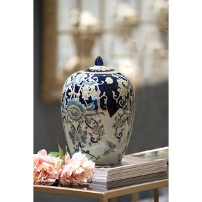 A&B Home Blue and White Ginger Jar with Gold Floral Pattern, Porcelain Lidded Jar Decorative Home Accent Decor, D8" x 11.5"