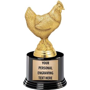Crown Awards Chicken Trophies with Custom Engraving, 7.25" Personalized Gold Chicken Trophy On Deluxe Round Base Prime