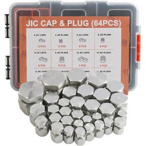 64 Pc Hydraulic Hose Tube and Pipe Fitting Kit, 37 Degree JIC Cap and Plug Assortment Kit, Heavy Duty Seal Adapter, Steel Flare Fitting Set, Dash Sizes 4 6 8 10 12 16