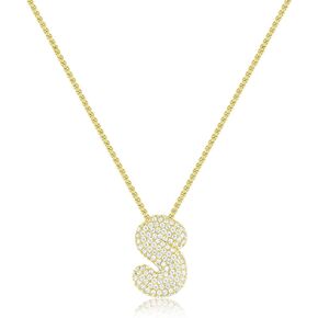KissYan Bubble Letter Necklace, 14K Gold Plated Balloon Initial Pendant Box Chain Necklace Dainty Iced Out CZ Jewelry Gift for Women Girls