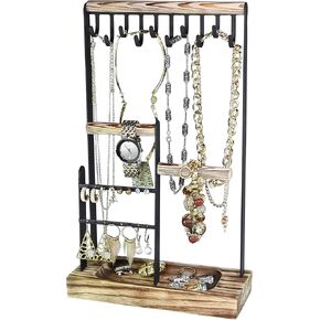AMT Jewelry Organizer Stand, 14 Inch Height Extra Tall Jewelry Necklace Holder Jewelry Holder, Organizer Display & Storage for Earrings Ring Bracelet (Natural Wood & Black, 10 Hooks)