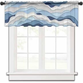 Ombre Stripes Blue Valance Curtains for Kitchen/Living Room/Bathroom/Bedroom Window,Rod Pocket Small Topper Half Short Window Curtains Voile Sheer Scarf, 54"x18" Geometric Grey White Coastal Waves