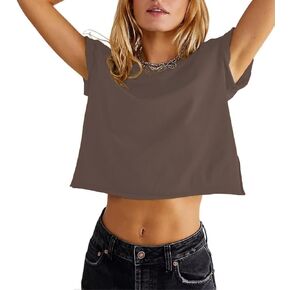 Aoang Womens Summer Short Sleeve Crewneck Crop Tops Loose Casual Solid T-Shirts Plain Short Basic Tees