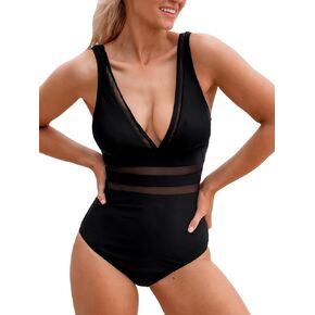 CUPSHE Women's One Piece Swimsuit Long Torso Bathing Suit Plunging Neck Mesh Wide Adjustable Straps
