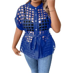 Floerns Women's Plus Size Short Sleeve Button Down Mock Neck Belted Shirt Blouse