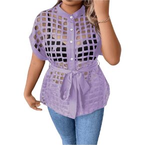 Floerns Women's Plus Size Short Sleeve Button Down Mock Neck Belted Shirt Blouse