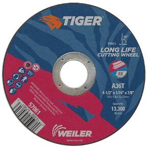 Weiler 57081 4-1/2 Inch Cutting Wheel, Tiger AO Steel/Metal Long Life Performance Cutting, 3/32" A36S Type 27 7/8" Arbor, Pack of 25