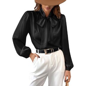 CUPSHE Women's Bow Tie Lantern Long Sleeve Satin Shirts Formal High Neck Work Out Blouses