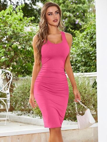 فستان Missufeintl نسائي بدون أكمام مكشكش ضيق فستان صيفي كاجوال أساسي بطول الركبة فستان بدون أكمام بظهر راسر in Kuwait