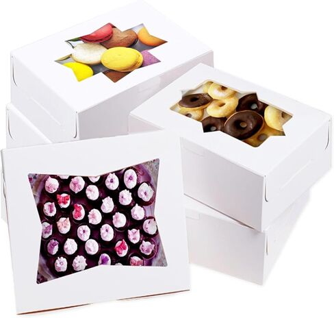 60 قطعة من صناديق المخبوزات البيضاء مع نافذة مقاس 8 × 6 × 2.5 بوصة علب بسكويت المعجنات مع 3 نوافذ أنيقة للشوكولاتة والفراولة والحلوى والكعك والدونات in Kuwait