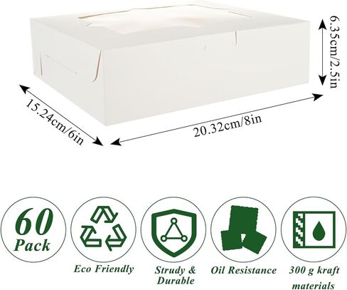 60 قطعة من صناديق المخبوزات البيضاء مع نافذة مقاس 8 × 6 × 2.5 بوصة علب بسكويت المعجنات مع 3 نوافذ أنيقة للشوكولاتة والفراولة والحلوى والكعك والدونات in Kuwait