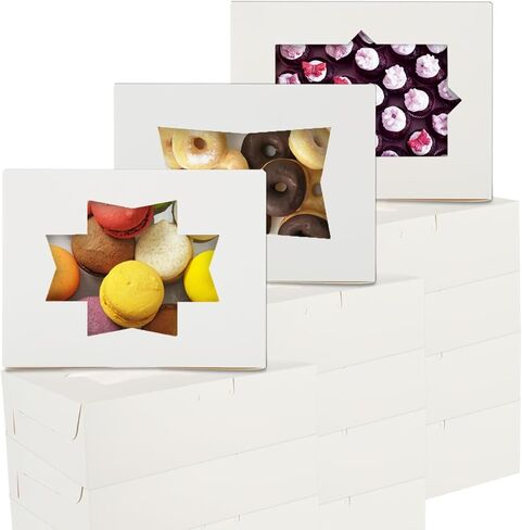 60 قطعة من صناديق المخبوزات البيضاء مع نافذة مقاس 8 × 6 × 2.5 بوصة علب بسكويت المعجنات مع 3 نوافذ أنيقة للشوكولاتة والفراولة والحلوى والكعك والدونات in Kuwait