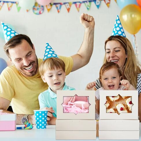 60 قطعة من صناديق المخبوزات البيضاء مع نافذة مقاس 8 × 6 × 2.5 بوصة علب بسكويت المعجنات مع 3 نوافذ أنيقة للشوكولاتة والفراولة والحلوى والكعك والدونات in Kuwait