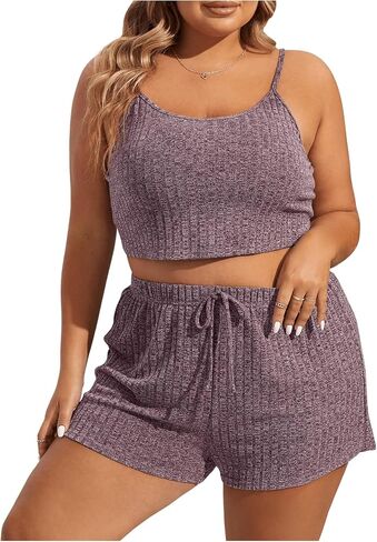 GORGLITTER Women's Plus 2 Piece Cami Lounge Outfit Set Ribbed Knit Top and Shorts Pajama Set Sleepwear Loungewear in Saudi Arabia