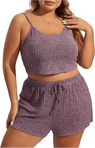 GORGLITTER Women's Plus 2 Piece Cami Lounge Outfit Set Ribbed Knit Top and Shorts Pajama Set Sleepwear Loungewear in Saudi Arabia