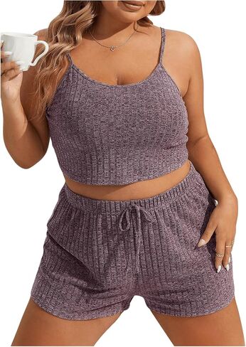 GORGLITTER Women's Plus 2 Piece Cami Lounge Outfit Set Ribbed Knit Top and Shorts Pajama Set Sleepwear Loungewear in Saudi Arabia
