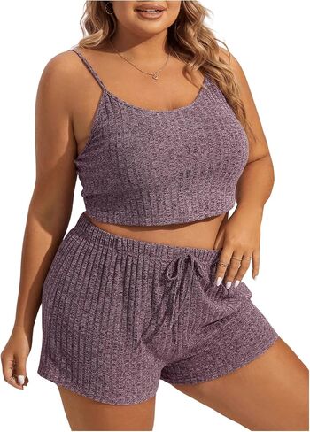 GORGLITTER Women's Plus 2 Piece Cami Lounge Outfit Set Ribbed Knit Top and Shorts Pajama Set Sleepwear Loungewear in Saudi Arabia