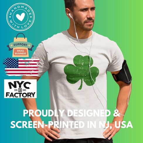 NYC FACTORY USA Screen Printed Retro Green Irish Distressed Shamrock T-Shirt St Patricks Day Mens Ireland Pride Tee Shirt in Saudi Arabia