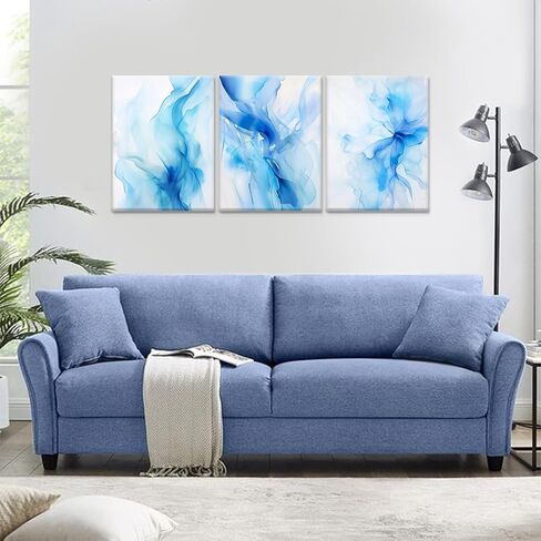Bright Blue Wall Art Set of 3 Modern Abstract Canvas Art Decor Minimalist Living Room Watercolor Prints Coastal Canvas Artwork Framed Painting Decoration in Saudi Arabia